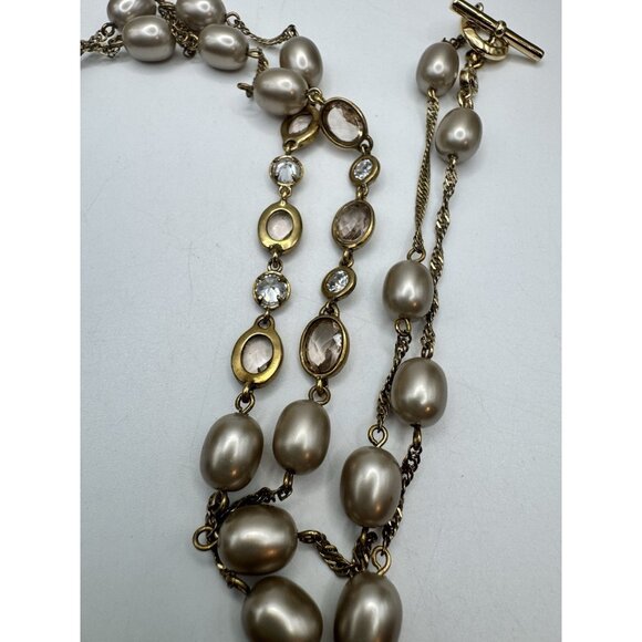 Vintage Yellow Gold Filled Bezel Set Clear Crystals Faux Pearl Necklace Monet - Picture 4 of 9